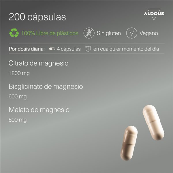 Complexe de Magnésium Triple - 3000 mg de Magnésium - Bisglycinate, Citrate et Malate de Magnésium - 200 Capsules - Aldous-lateral
