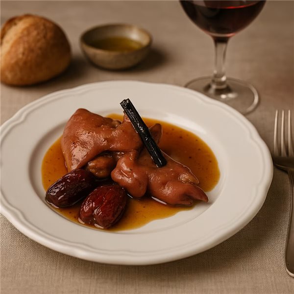 Pig trotters lacquered with oloroso, dates and licorice - Gourmet pot.-detalle