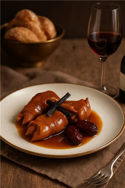 Pig trotters lacquered with oloroso, dates and licorice - Gourmet pot.-lateral