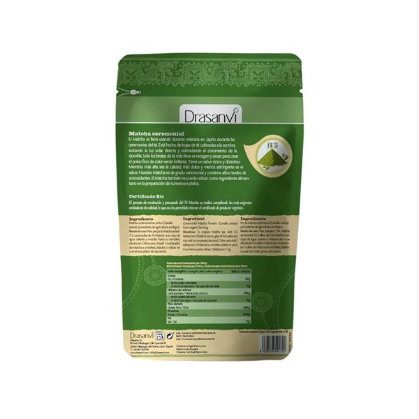 Matcha ceremonial doypack Bio 70g Drasanvi-detalle
