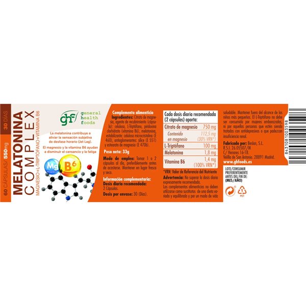 Complexe de Mélatonine Magnésium+L-Tryptophane+Vit. B6 550mg 60 cps GHF-lateral