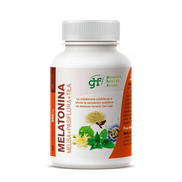 Melatonina Melisa+Pasiflora+Tila 650mg 60 caps GHF-izquierda