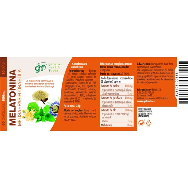 Melatonina Melisa+Pasiflora+Tila 650mg 60 caps GHF-lateral
