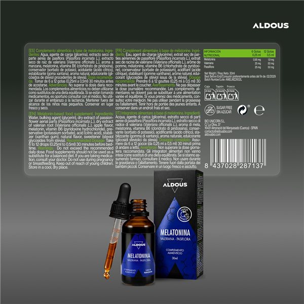 Mélatonine Pure en Gouttes 30 ml - Complément pour Dormir, Sommeil Profond - Sans Sucre - Aldous-detalle