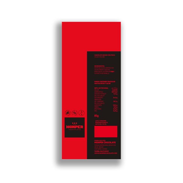 Monper - Chocolat noir avec fraise 85g | Cacao 72% et fraises naturelles croustillantes-detalle