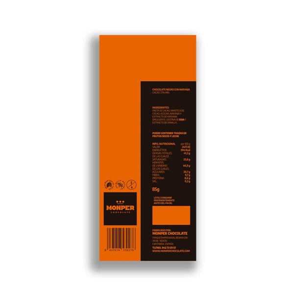 Monper – Chocolate Negro con Naranja 85g | Intensidad cítrica y cacao 72%-detalle