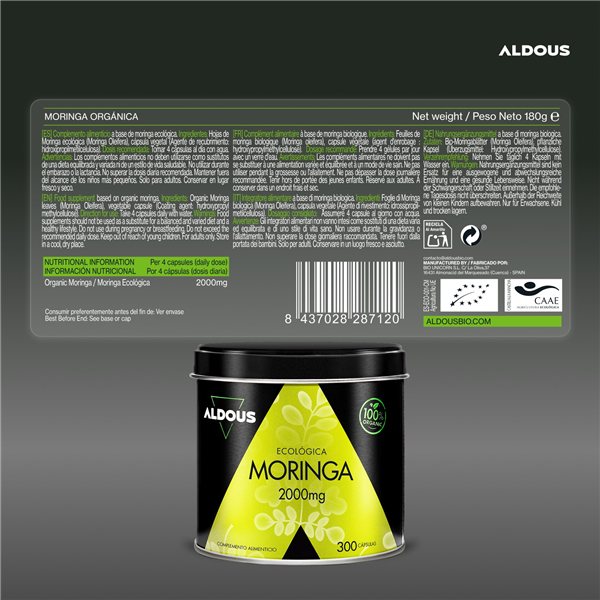 Moringa Bio 2000mg - 300 Capsules - Énergie et Bien-être - Aldous-detalle