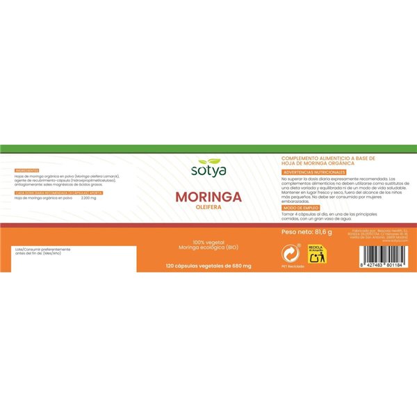Moringa Oleifera BIO 680mg 120 capsules Sotya-trasera