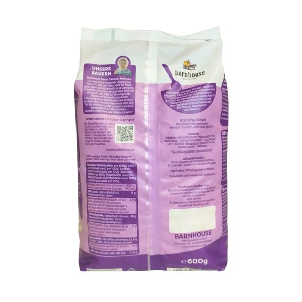 Muesli Krunchy Épeautre 30% de sucre en moins Bio 600g Barnhouse-lateral