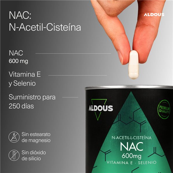 NAC N-Acetil-Cisteina+ Vitamina E y Selenio - 250 Cápsulas - Antioxidante y Glutation - Aldous-detalle