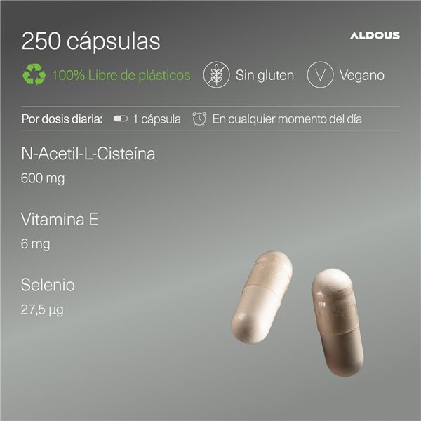 NAC N-Acetil-Cisteina+ Vitamina E y Selenio - 250 Cápsulas - Antioxidante y Glutation - Aldous-lateral