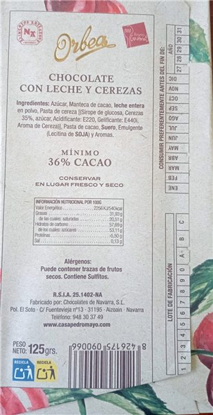 ORBEA Chocolate con leche y cerezas 125 grs-detalle