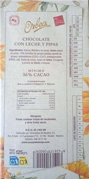 ORBEA Chocolate con leche Y pipas 125 grs-detalle
