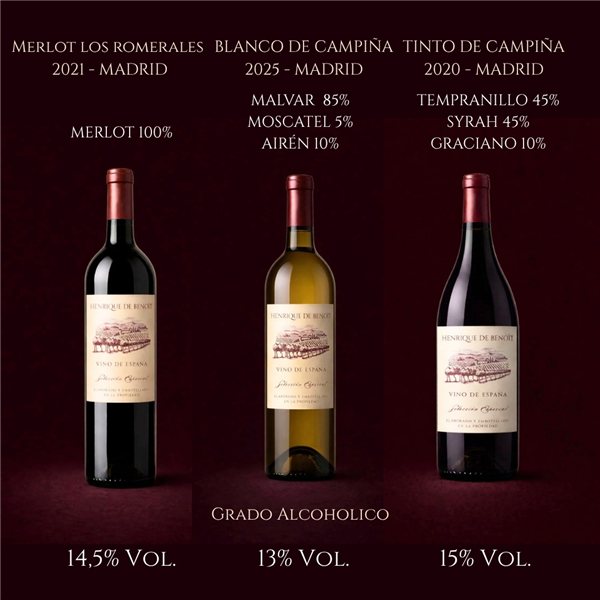Pack 3 Botellas Colección Vino de Madrid Henrique de Benoit | 2 Tintos y 1 Blanco Artesanales | Pack Regalo Gourmet | Pack Vino de Madrid-detalle
