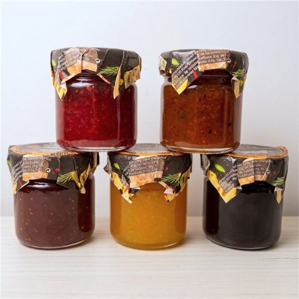 Pack 5 Mermeladas Artesanales Gourmet para Quesos | Sabores Variados (Higo, Naranja, Frambuesa, Vino Tinto y Pimiento Rojo) (200g) | Maridaje para Quesos Curados y Semicurados-izquierda