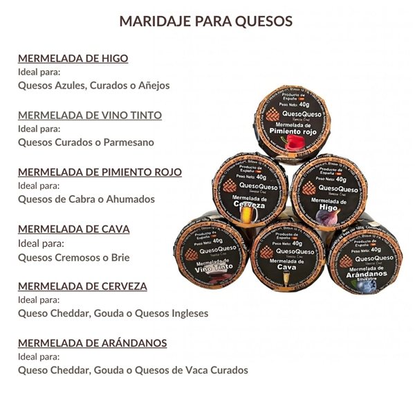 Pack 6 Mermeladas Artesanales Gourmet para Quesos | Sabores Variados (Higo, Vino Tinto, Pimiento Rojo, Cava, Cerveza y Arándanos) (240g) | Maridaje para Todo Tipo de Quesos-detalle