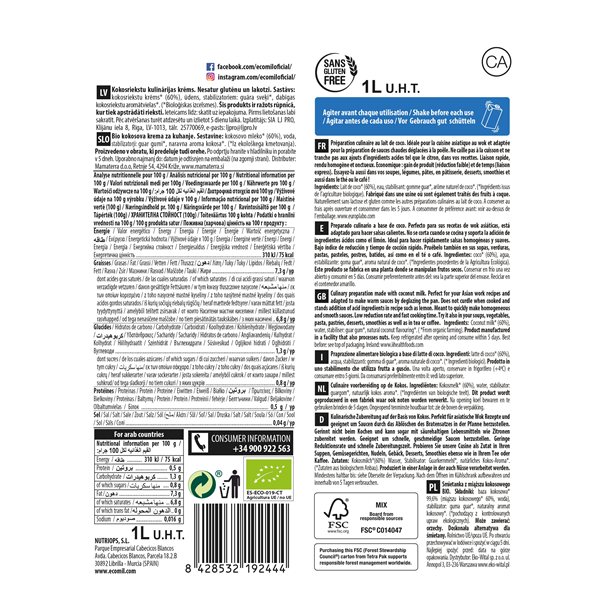 Pack of 6 Organic Coconut Milk for Cooking 1L Ecomil-izquierda