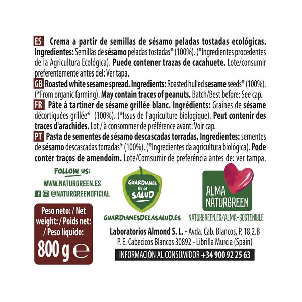 Pack de 6 pots de 800g de Tahini de Sésame Biologique NaturGreen.-izquierda