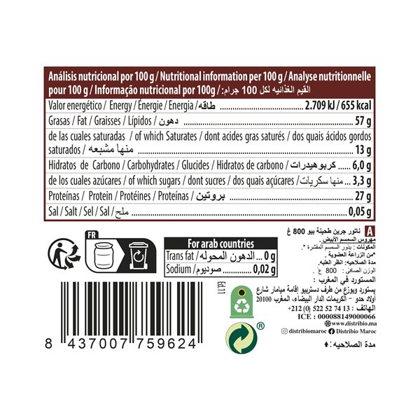 Pack de 6 pots de 800g de Tahini de Sésame Biologique NaturGreen.-trasera