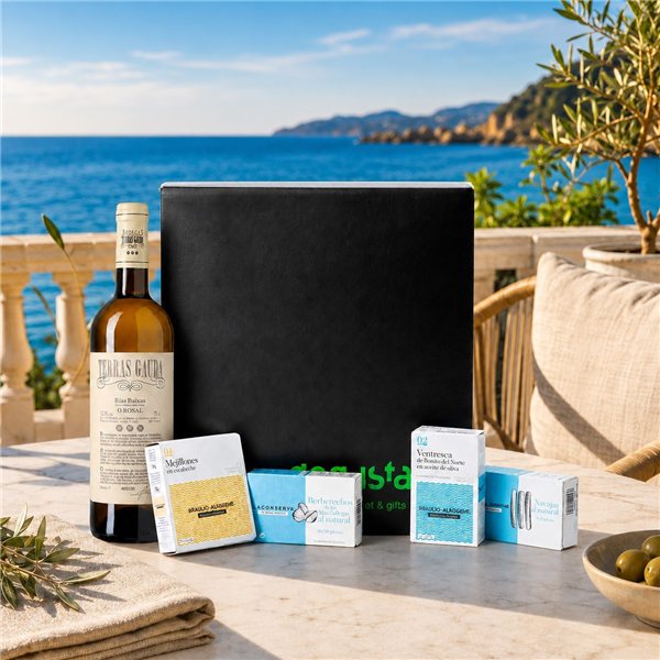 Gourmet-Konservenpaket und Albariño-Wein-detalle