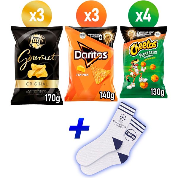 Special Champions League Pack of 10 Bags of Savory Snacks: 3 LAY’S Gourmet, 3 DORITOS Tex Mex, and 4 CHEETOS Pelotazos for Appetizers and Parties + Gift Socks-detalle