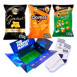 Special Champions League Pack of 10 Bags of Savory Snacks: 3 LAY’S Gourmet, 3 DORITOS Tex Mex, and 4 CHEETOS Pelotazos for Appetizers and Parties + Gift Socks