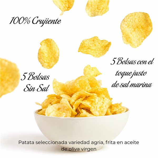 Pack Handgefertigte Kartoffeln mit nativem Olivenöl | 5x120g Taschen mit Meersalz + 5x140g Taschen ohne Salz | Gourmet-Snack ohne Gluten für Appetithäppchen-detalle