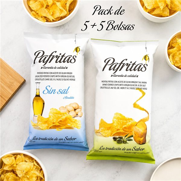 Pack Handgefertigte Kartoffeln mit nativem Olivenöl | 5x120g Taschen mit Meersalz + 5x140g Taschen ohne Salz | Gourmet-Snack ohne Gluten für Appetithäppchen-lateral