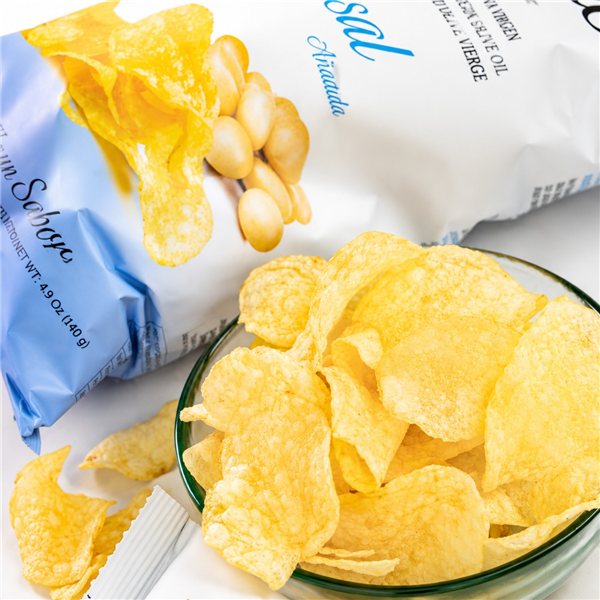 Pack Handgefertigte Kartoffeln mit nativem Olivenöl | 5x120g Taschen mit Meersalz + 5x140g Taschen ohne Salz | Gourmet-Snack ohne Gluten für Appetithäppchen-trasera