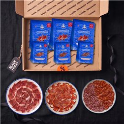 Pack Pecado Carnal en tranches · Black Friday | Jambon de bellota 100 % ibérique +42 mois, tranché au couteau (30 sachets) + assortiment de charcuterie tranchée