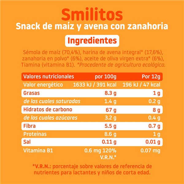 Pack of Smilitos made with corn, oats, and carrots.-izquierda