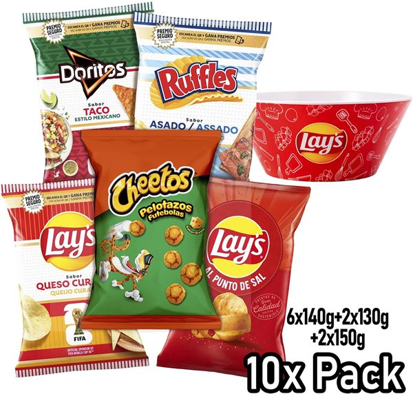 Variantes Pack, 10 Taschen DORITOS Taco, RUFFLES Grill, LAY’S Reifenkäse, LAY’S Salz und CHEETOS Pelotazos, 5 Packs von 2 für Snacks und den täglichen Verbrauch, Inklusive Geschenk-Schüssel-detalle