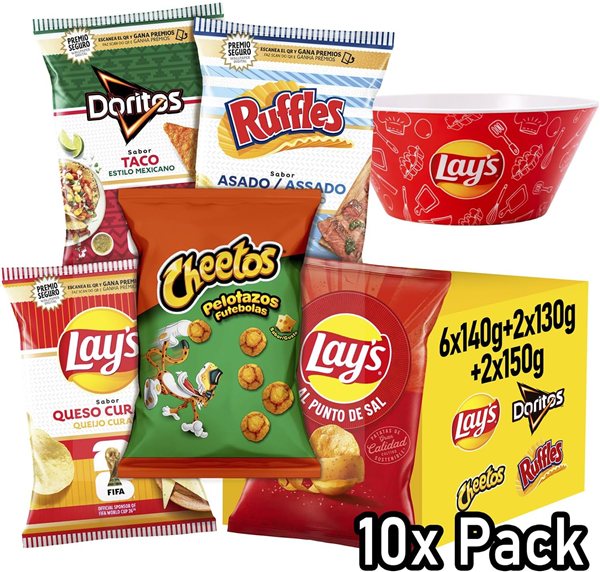 Variantes Pack, 10 Taschen DORITOS Taco, RUFFLES Grill, LAY’S Reifenkäse, LAY’S Salz und CHEETOS Pelotazos, 5 Packs von 2 für Snacks und den täglichen Verbrauch, Inklusive Geschenk-Schüssel-lateral
