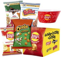 Variantes Pack, 10 Taschen DORITOS Taco, RUFFLES Grill, LAY’S Reifenkäse, LAY’S Salz und CHEETOS Pelotazos, 5 Packs von 2 für Snacks und den täglichen Verbrauch, Inklusive Geschenk-Schüssel