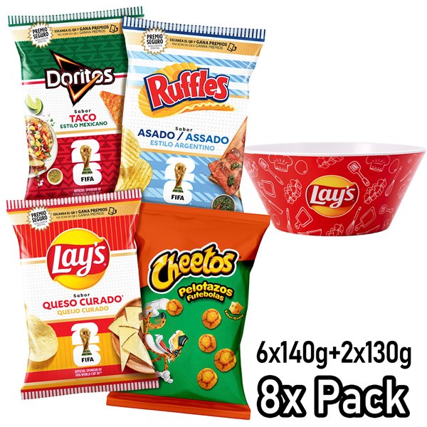 Pack Variado, 8 Bolsas DORITOS Taco, RUFFLES Asado, LAY’S Queso Curado y CHEETOS Pelotazos, 4 Packs de 2 Bolsas Individuales para Aperitivo, Incluye Bowl de Regalo-detalle