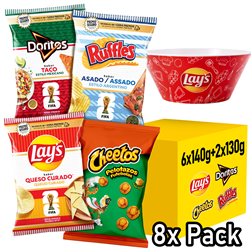 Pack Variado, 8 Bolsas DORITOS Taco, RUFFLES Asado, LAY’S Queso Curado y CHEETOS Pelotazos, 4 Packs de 2 Bolsas Individuales para Aperitivo, Incluye Bowl de Regalo