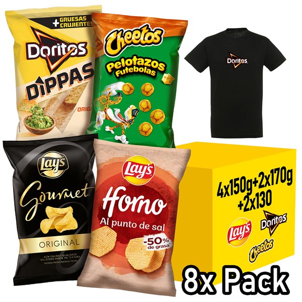 Variety Pack of 8 Bags LAY’S Oven, DORITOS Dippas, LAY’S Gourmet, CHEETOS Pelotazos, 4 Packs of 2 Individual Bags for Snacking and Daily Use + Free T-Shirt-detalle