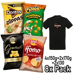 Variety Pack of 8 Bags LAY’S Oven, DORITOS Dippas, LAY’S Gourmet, CHEETOS Pelotazos, 4 Packs of 2 Individual Bags for Snacking and Daily Use + Free T-Shirt