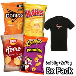 Pack Variado de 8 Bolsas LAY’S Horno, DORITOS Tex Mex, CHEETOS Pandilla, RUFFLES York Queso, 4 Packs de 2 Bolsas Individuales para Aperitivo y Consumo Diario + Camiseta de Regalo