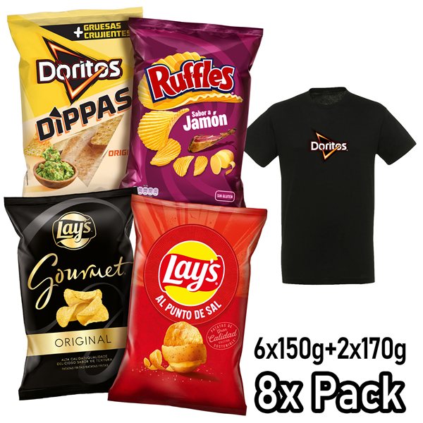 Pack Varié de 8 Sacs LAY’S Sel, DORITOS Dippas, RUFFLES Jambon, LAY’S Gourmet, 4 Packs de 2 Sacs Individuels pour Apéritif et Consommation Quotidienne + T-shirt Cadeau-detalle