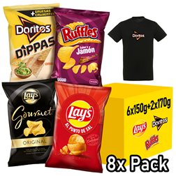 Pack Varié de 8 Sacs LAY’S Sel, DORITOS Dippas, RUFFLES Jambon, LAY’S Gourmet, 4 Packs de 2 Sacs Individuels pour Apéritif et Consommation Quotidienne + T-shirt Cadeau