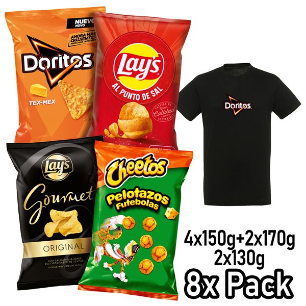 Assorted Pack of 8 Bags LAY’S Salt, DORITOS Tex Mex, CHEETOS Pelotazos, LAY’S Gourmet, 4 Packs of 2 Individual Bags for Snacking and Daily Consumption + Free T-Shirt-detalle