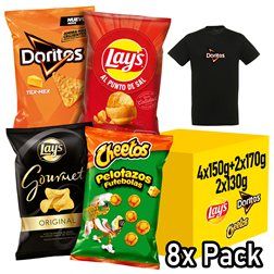 Assorted Pack of 8 Bags LAY’S Salt, DORITOS Tex Mex, CHEETOS Pelotazos, LAY’S Gourmet, 4 Packs of 2 Individual Bags for Snacking and Daily Consumption + Free T-Shirt