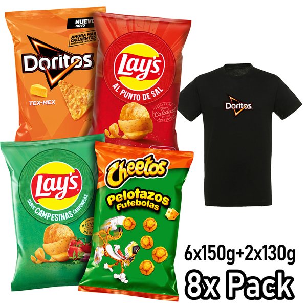 Assorted Pack of 8 Bags LAY’S Salt, LAY’S Country Style, CHEETOS Puffs, DORITOS Tex Mex, 4 Packs of 2 Individual Snack Bags for Appetizing and Daily Consumption + Free T-Shirt-detalle