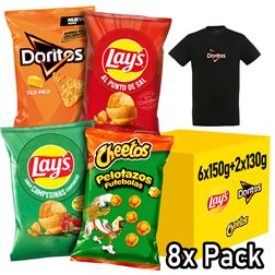 Assorted Pack of 8 Bags LAY’S Salt, LAY’S Country Style, CHEETOS Puffs, DORITOS Tex Mex, 4 Packs of 2 Individual Snack Bags for Appetizing and Daily Consumption + Free T-Shirt