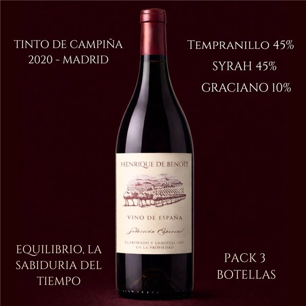 Red Wine Reserva Pack 2020 Henrique de Benoit | Tempranillo 45% Syrah 45%, Graciano 10% | 12 Months Barrel + 5 Years Bottle | 3 Bottles 750 ml | Gourmet Gift Red Wine Campiña - Madrid-lateral
