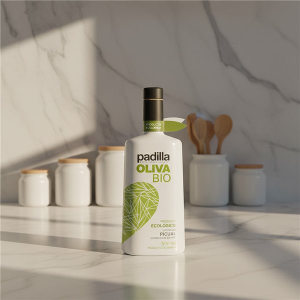 Huile d'olive vierge extra écologique Padilla Picual bouteille 500ml-lateral