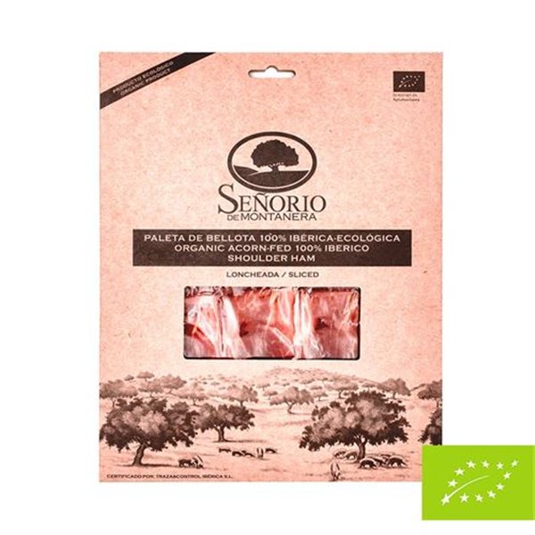 Paleta 100% ibérico ecológico, loncheado Señorío de Montanera-lateral