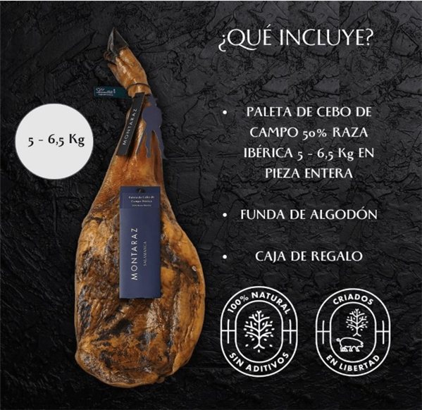 Palette de Cebo de Campo Ibérique Montaraz | 50% Race Ibérique | Affinage 24 Mois | Pièce Entière de 5-6,5 kg | 100% Naturel | Sans Additifs ni Conservateurs-detalle
