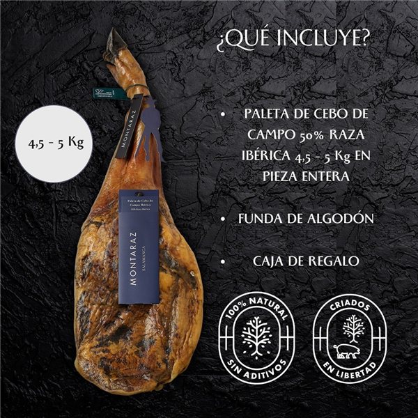 Paleta de Cebo de Campo Ibérica Montaraz | 50% Raza Ibérica | Curación 24 Meses | Pieza Entera de 4,5-5 kg | 100% Natural | Sin Aditivos ni Conservantes-detalle